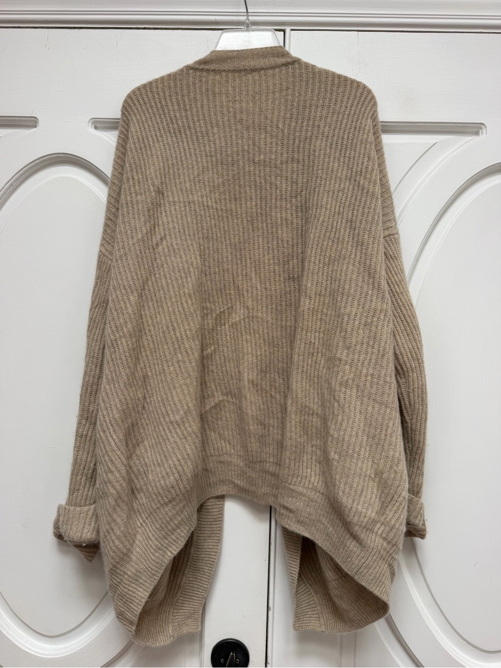 Relaxed Open-Front Taupe Ribbed Cardigan Sweater L 100% Cashmere - Picture 7 of 7